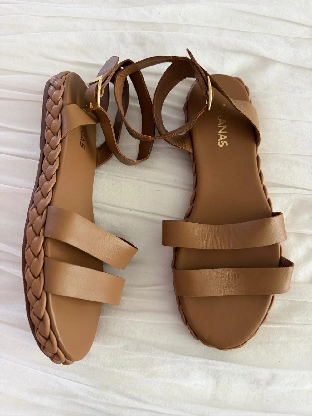 Kaanas Tan Leather Braided Sole Ankle Strap Sandals Size 7M New